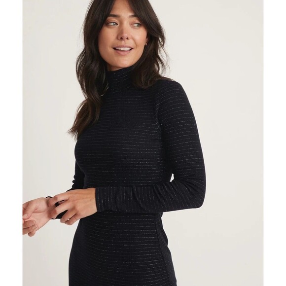 Marine Layer Midi Dress Lexi Rib Turtleneck in Navy Lurex Stripe Tencel Small - Picture 13 of 13